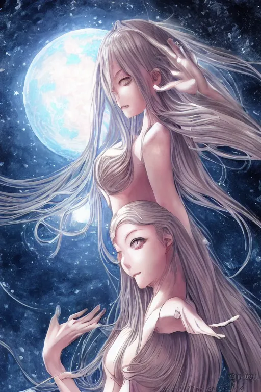 Image similar to Adult anime style girl on the moon waving, fantasy, intricate, elegant, highly detailed, digital painting, 4k, HDR, concept art, smooth, sharp focus, illustration, art by artgerm and H R Giger and alphonse much