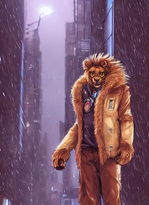 Prompt: character portrait of a male anthro lion fursona with a tail and a cute beautiful attractive detailed furry face wearing stylish cyberpunk clothes in a cyberpunk city at night while it rains. hidari, color page, tankoban, 4K, tone mapping, Akihiko Yoshida.