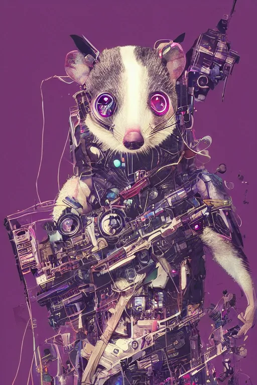 Image similar to a beautiful portrait of a cute cyberpunk opossum by sandra chevrier and greg rutkowski and wlop, purple blue color scheme, high key lighting, volumetric light, digital art, highly detailed, fine detail, intricate, ornate, complex, octane render, unreal engine, photorealistic