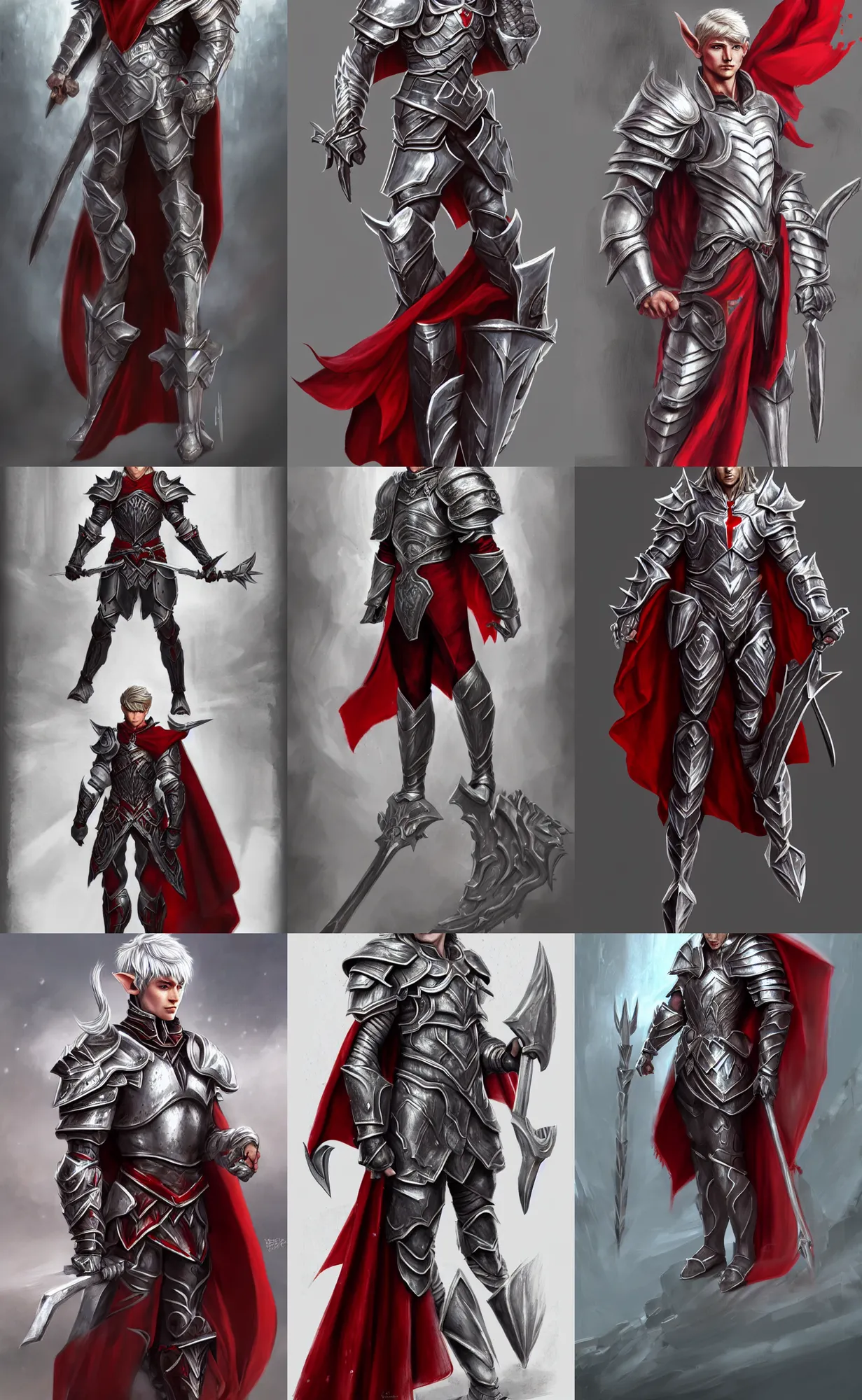 Prompt: A male elf, 20 years old, short silver hair, red eyes, wearing heavy armor and a cape, lean but muscular, attractive, command presence, royalty, weathered face, smooth, sharp focus, illustration, concept art, highly detailed, muscle definition, fantasy, ArtStation, ArtStation HQ