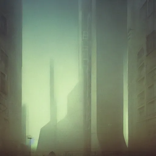 Prompt: arm reaching out of thick fog, round buildings in background, stacked buildings, smooth architecture, organic, sophisticated, zdzislaw beksinski, architecture of frank lloyd wright, zaha hadid, norman foster