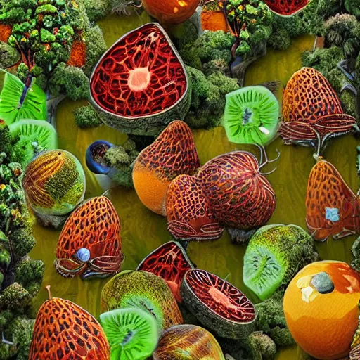 Image similar to the inhabitants of the planet pandora are harvesting. strange but delicious fruits. fantasy trees rounded in zigzags. clear details.