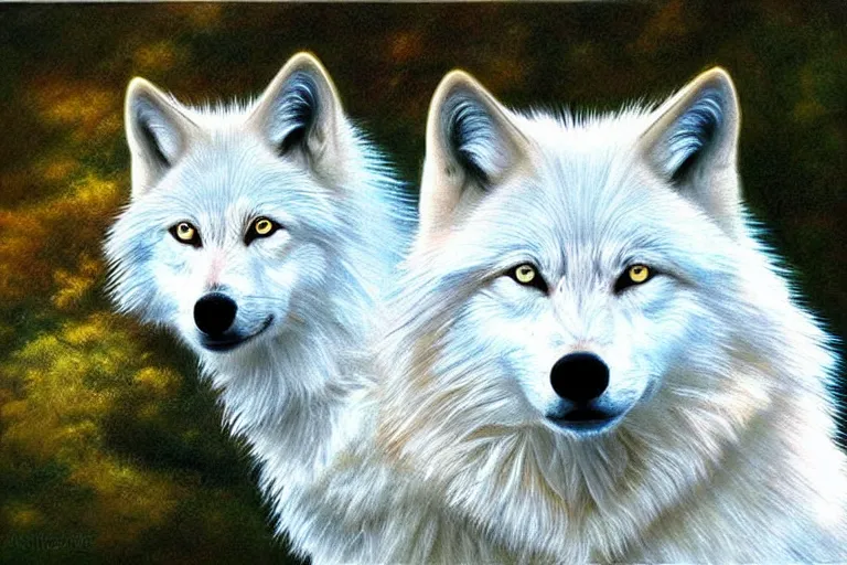Image similar to white wolf, fantasy, painting, ultra realistic!!!, clear weather, golden hour, sharp focus
