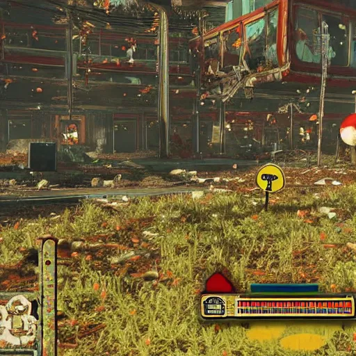 Image similar to mushroom kingdom from the super mario franchise in ruins post - nuclear war in fallout 4, in game screenshot