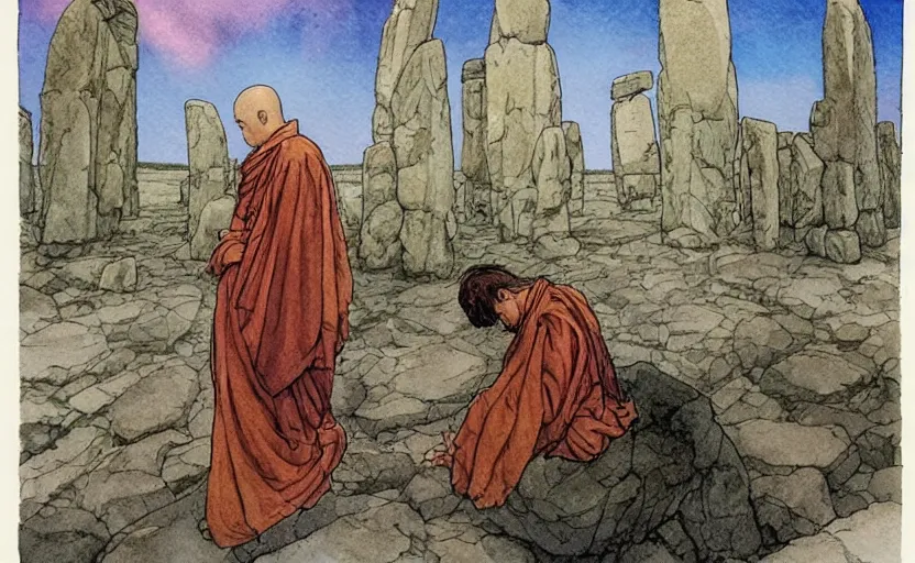 Image similar to a realistic and atmospheric watercolor fantasy concept art of giant monk with a long forehead in grey robes sitting in stonehenge. in the background a ufo is in the sky. by rebecca guay, michael kaluta, charles vess