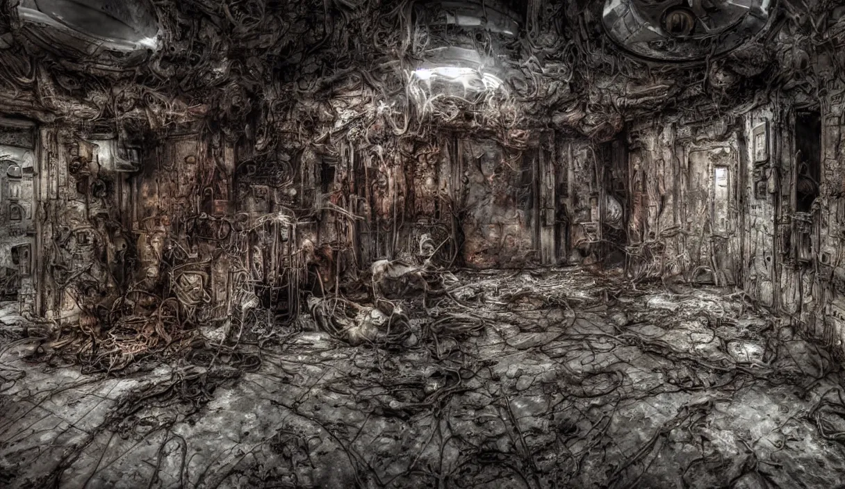 Image similar to disfigured necromorph being crawling in the spacecraft hallway, rusty and dirty interiors, highly realistic and intricate, ominous, dark surroundings