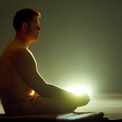 Image similar to movie scene of a man meditating, movie still, cinematic composition, cinematic light, criterion collection, reimagined by industrial light and magic, Movie by David Lynch and Ridley Scott