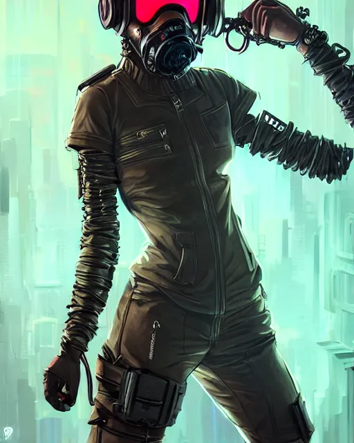 Prompt: female rouge assassin, wearing cyberpunk intricate streetwear, gas mask, beautiful, detailed portrait, cell shaded, 4 k, concept art, by wlop, ilya kuvshinov, artgerm, krenz cushart, greg rutkowski, pixiv. cinematic dramatic atmosphere, sharp focus, volumetric lighting, cinematic lighting, studio quality