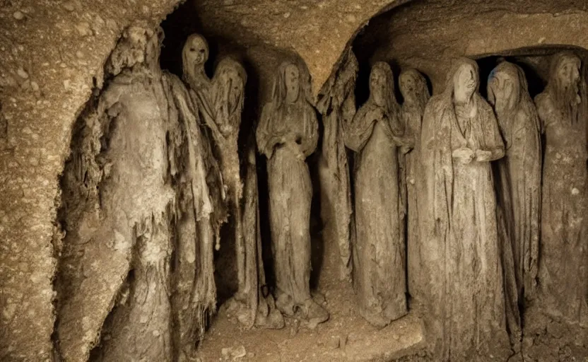 Image similar to several decrepit creepy statues of the archangel gabriel looking at the camera, placed throughout a dark claustrophobic old catacomb cavern, realistic, underexposed photography, bad camera footage, wide shot, sinister, bad lighting, foreboding, grainy photo