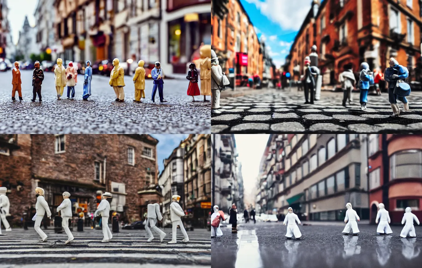 Prompt: A street busy with walking porcelain people figurines close up, tilt shift, reflections, Canon TS-E 17mm f/4, pristine quality wallpaper