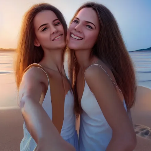 Image similar to beautiful serene intricate portrait of identical twin women, taking a selfie, smiling softly, relaxing on the beach, wearing casual clothes golden hour, soft focus, 8 k, art by irakli nadar, hyperrealism, hyperdetailed, ultra realistic