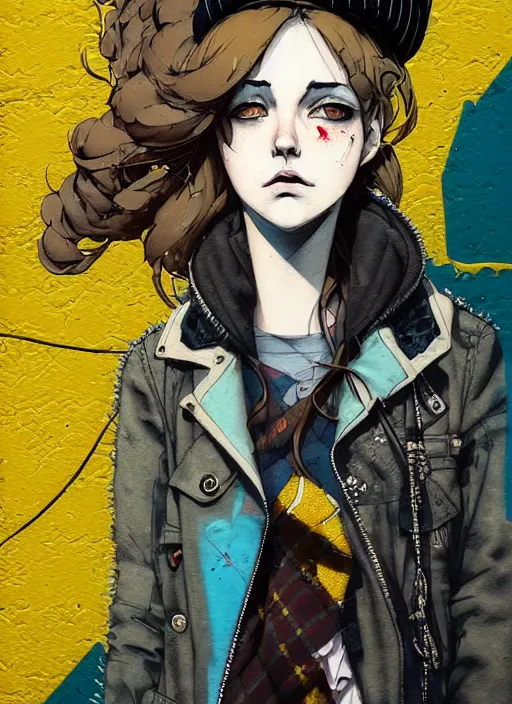 Image similar to highly detailed portrait of a moody sewerpunk young adult lady with a harris tweed holdy by greg tocchini, by krenz cushart, by brian lee o'malley, by kaethe butcher, gradient yellow, black, brown and cyan color scheme, grunge aesthetic!!! ( ( graffiti tag city background ) )