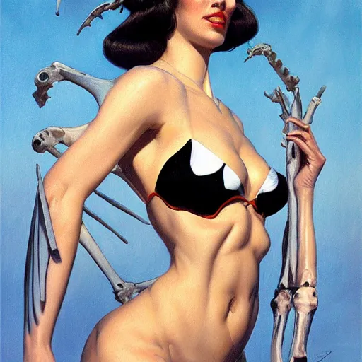 Prompt: upper body portrait of divine feminine muse, bikini made of bones, black wings, oil on canvas, hyper realism, Lovecraftian, by J. C. Leyendecker and boris vallejo, artstation, concept character art