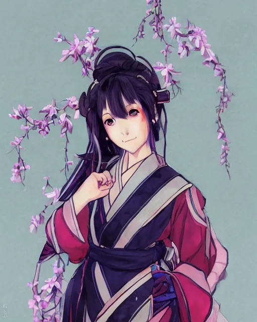 Image similar to An anime portrait of Ssunbiki as a beautiful woman wearing a kimono from Skyrim, by Stanley Artgerm Lau, WLOP, Rossdraws, James Jean, Andrei Riabovitchev, Marc Simonetti, and Sakimichan, trending on artstation