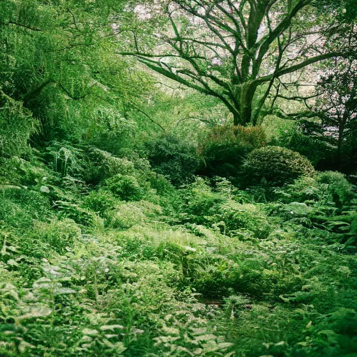 Prompt: a verdant overgrown space, shot on 70mm