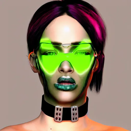 Image similar to detailed realistic cyberpunk female character cyberpunk wearing steel collar around neck, realistic, art, beautiful, 4K, collar, choker, collar around neck, punk, artstation, detailed, female, woman, choker, cyberpunk, neon, punk, collar, choker, collar around neck, thick collar, choker around neck, wearing choker, wearing collar, bright neon punk hair,