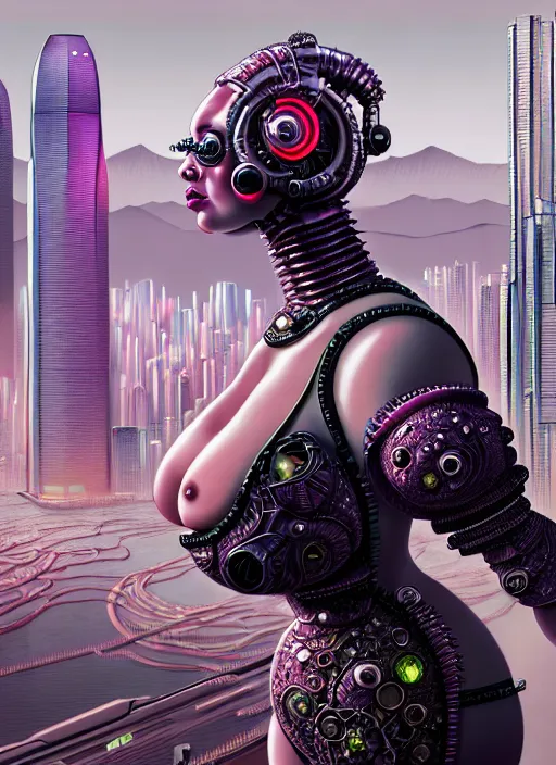 Image similar to portrait of an absurdly ugly, awful disgusting fat gross woman, fashionable cyberpunk mechanoid, hong kong city background, hyperdetailed illustration by irakli nadar and alexandre ferra, intricate linework, white porcelain skin, faberge, coral headdress, unreal engine 5 highly rendered, global illumination, radiant light, detailed and intricate environment