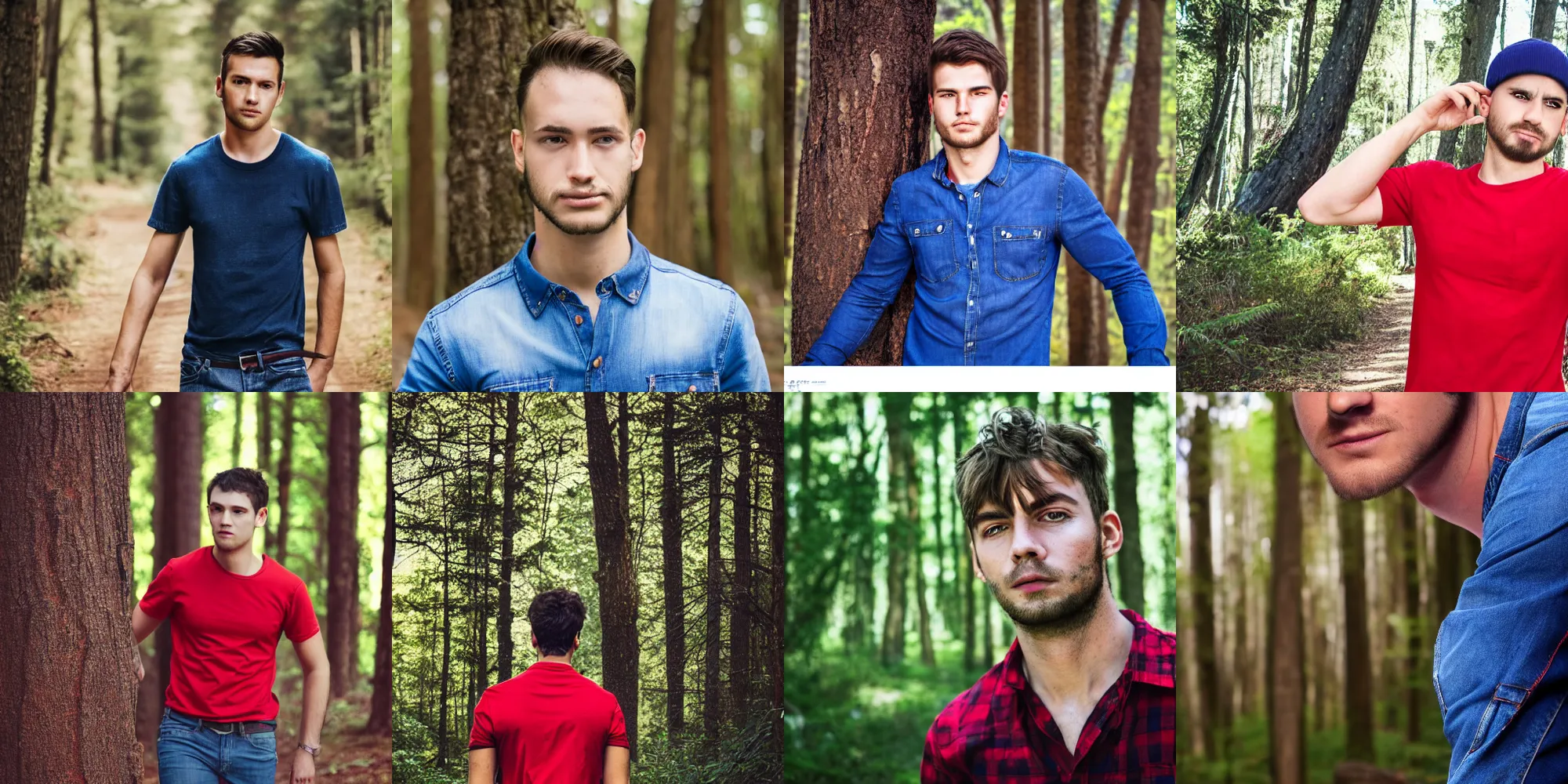 Prompt: portrait, young man, red shirt, blue jeans, walking in forest, detailed face, realistic photo.