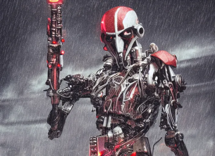 Prompt: 3 5 mm portrait photo of ( general grievous )!! with heavy duty biomechanical cybernetic body with ( four arms holding 4 activated red lightsabers )!! in the city in the rain. cyberpunk horror style.