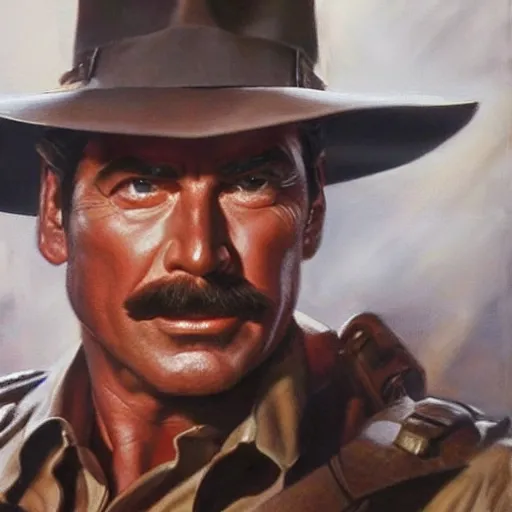 Image similar to ultra realistic portrait painting of tom selleck as indiana jones, art by frank frazetta, 4 k, ultra realistic, highly detailed, epic lighting