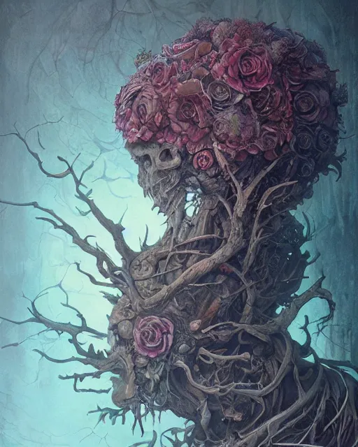Image similar to a beautiful detailed front view of a dead rotten skull with ornate growing around, ornamentation, flowers, elegant, beautifully soft lit, by wayne barlowe, peter mohrbacher, kelly mckernan