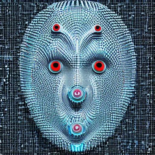 Prompt: an insanely detailed cibernetic artwork of a futuristic artificial intelligence superstar, centered image, perfectly symmetrical alien face, with frames made of detailed fractals, octsne render, 4k, insanely detailed, detailed grid as background, cgi