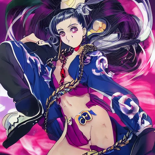 Image similar to Magazine Cover Anime key visual of a Gucci girl; official media; typography; drawn by Hirohiko Araki; Jojo's Bizarre Adventure; Jojolion, portrait, made by Stanley Artgerm Lau, WLOP, Rossdraws, James Jean, Andrei Riabovitchev, Marc Simonetti, Yoshitaka Amano, ArtStation