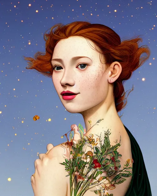 Image similar to a happy, modern looking young woman looking over shoulder, wonderful detailed dress, among the lights of golden fireflies and nature, long loose red hair, intricate details, green eyes, small nose with freckles, triangle shape face, smiling, golden ratio, high contrast, hyper realistic digital art by artemisia lomi gentileschi and caravaggio and artgerm.