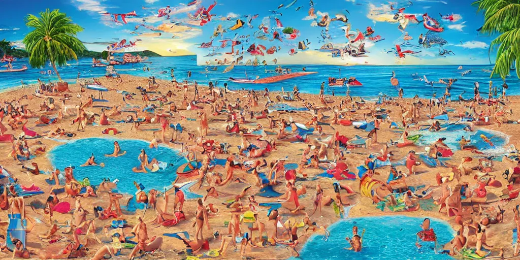 Image similar to an impossible Where’s Waldo puzzle, setting is the beach