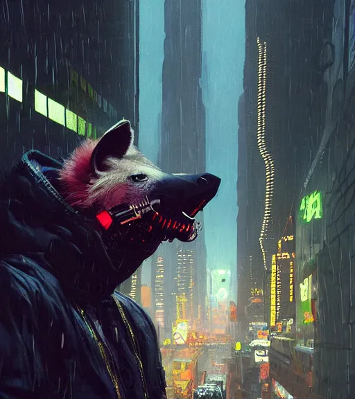 Image similar to new york city portrait of furry anthro anthropomorphic spotted hyena head animal person fursona wearing clothes strange cybernetic muzzle gloomy rainy screenshot from the video game cyberpunk 2077 digital art by Greg Rutkowski, Simon Stalenhag, christopher nolan trending on Artstation, CGSociety