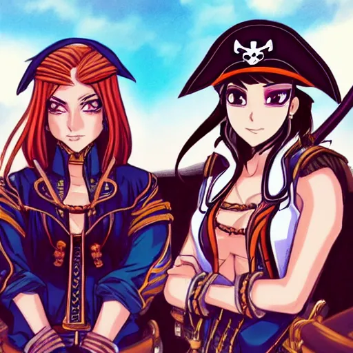 Prompt: two beautiful female pirate captains standing face to face with their crew in the back, detailed anime art