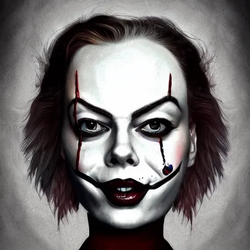 Prompt: surrealism grunge cartoon portrait sketch of margot robbie with a wide smile by - michael karcz, loony toons style, pennywise style, horror theme, detailed, elegant, intricate