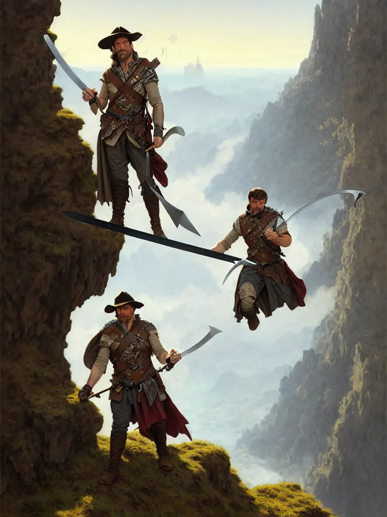 Image similar to middle age ranger with rugged expresions falcon pet on his sholder holding a long sword, top a cliff observing old ruins of a castle, elegant clothing, photorealistic render, matte patining, highly detailed, artstation, smooth, sharp focus, art by michael whelan, artgerm, greg rutkowski and alphonse mucha