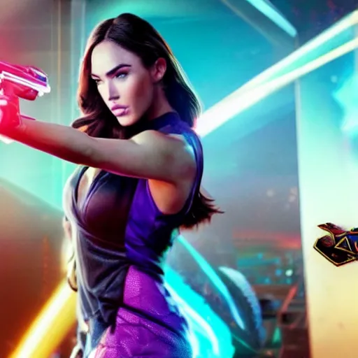 Image similar to action still of Caitlyn in KDA League of legends movie played by Megan Fox. dslr, 4k, imax, cinematic, 35mm, 4k resolution