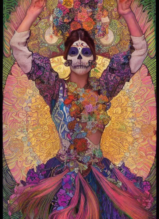 Image similar to realistic detailed psychedelic poster art of a cute fractal Día de los Muertos girl dancing by Victor Moscoso Rick Griffin Alphonse Mucha Ayami Kojima Amano Charlie Bowater, masterpiece