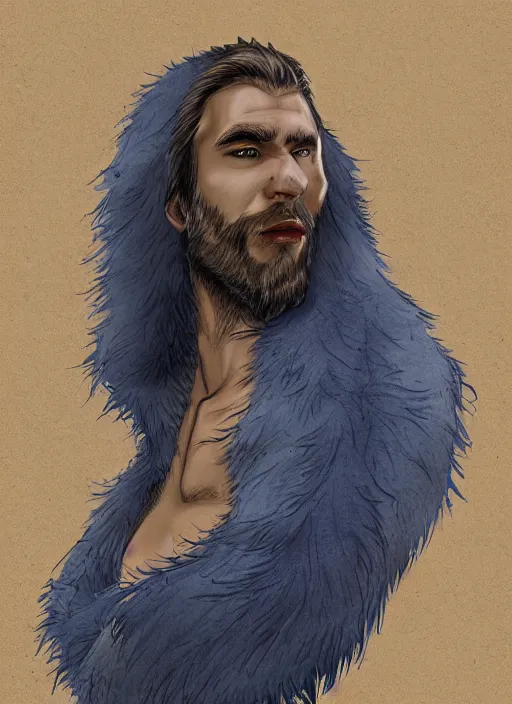 Prompt: portrait of a blue-skinned man wearing a fur coat, illustration, fantasy, Dungeon and Dragon, trending on ArtStation