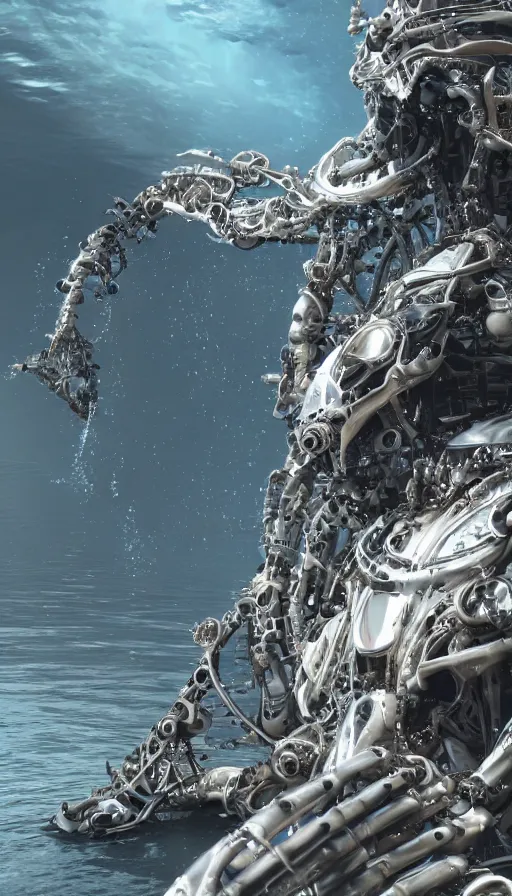 Image similar to summoning a beautiful biomechanical orca spirit from the ocean, organic and robotic, made up of many bits of metal, skin, and plastic, shiny, cyberpunk, hyper realistic, octane render unreal engine render, 8k, super detailed