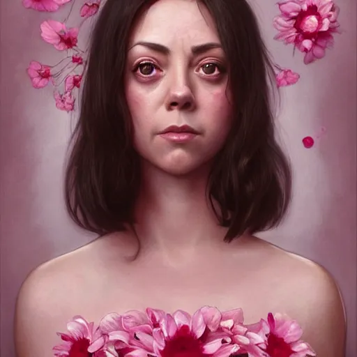 Image similar to pink petals with a ahape of a wonderful aubrey plaza and christina ricci, intricate, elegant, highly detailed, wonderful eyes, sweet, digital painting, artstation, concept art, smooth, sharp focus, illustration, art by artgerm and greg rutkowski and alphonse mucha and william - adolphe bouguereau