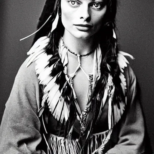 Image similar to margot robbie as a native american in the 1 8 0 0 s, photograph