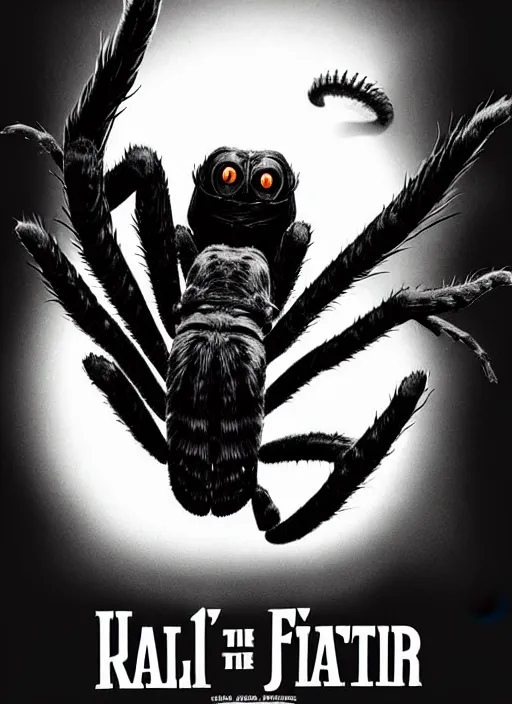 Prompt: epic 4 0 s movie poster featuring a giant tarantula! pouncing on the viewer, faded, dark, ( mostly grey color scheme ), cell shaded, vector art, wordless, dangerous, thrilling, highly detailed, stylized, medium shot, makoto shinkai, ilya kuvshinov, james gurney, ray swanland