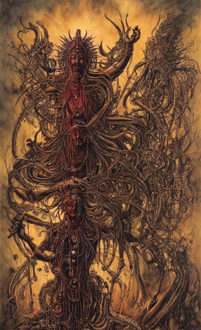 Prompt: Shiva is dancing. Drops of blood. Dark colors, high detail, hyperrealism, intricate details, masterpiece, art by Greg Broadmore, Esao Andrews, Beksinski, Giger