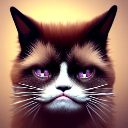 Image similar to cute chthonic fluffy grumpy cat by Ayami Kojima, Beksinski, Giger, vray render, 50mm lens, bottom angle