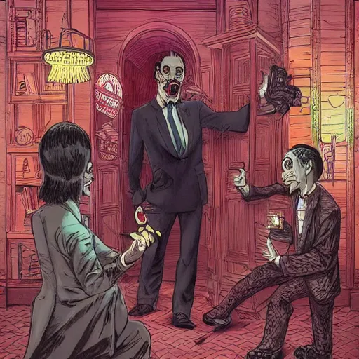 Image similar to Cthulhu as a modern day business man with a family and a drug and gambling addiction, necronomicon is the family Bible , Junji Ito and Greg rutkowski, psychedelic , 50s style infomercial , award winning , retro futuristic