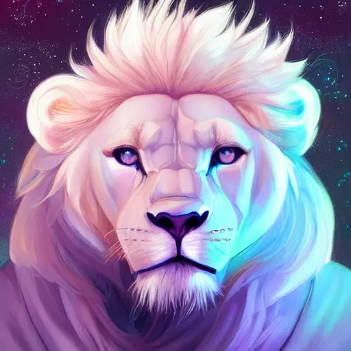 Image similar to aesthetic portrait commission of a albino male furry anthro lion with a tv for head displaying lions face while wearing a vaporwave stylized attractive masculine pastel winter outfit, winter Atmosphere. Character design by charlie bowater, ross tran, artgerm, and makoto shinkai, detailed, inked, western comic book art, 2021 award winning painting