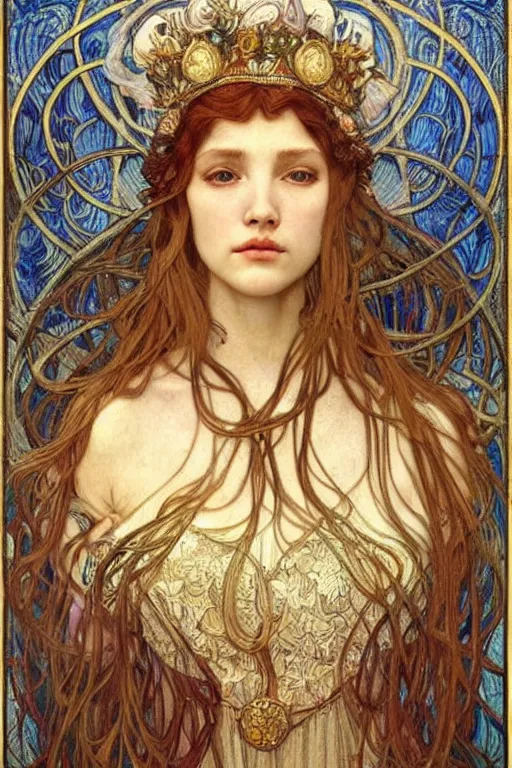 Image similar to detailed realistic beautiful young medieval queen face portrait by jean delville, alphonse mucha, vincent van gogh, and marco mazzoni, art nouveau, symbolist, visionary, gothic, pre - raphaelite