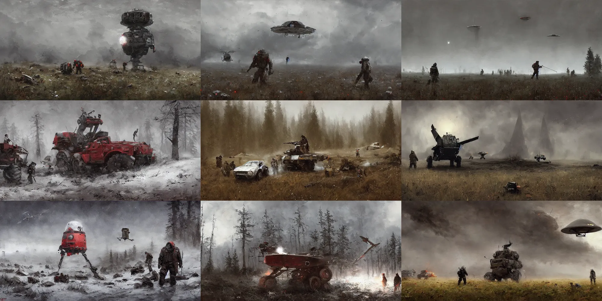 Prompt: russia wildland, no man zone, ufo, jakub rozalski