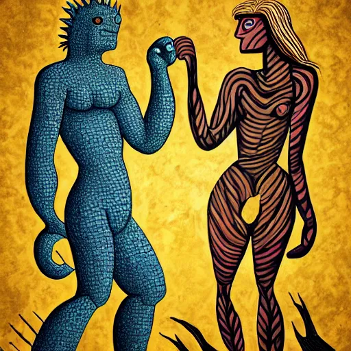 Image similar to adam and eve bigger than godzilla, apotheon art style, smooth painting, each individual seeds have ultra high detailed, 4 k, illustration, comical, acrylic paint style, pencil style, torn cosmo magazine style, pop art style, ultra realistic, underrated, by mike swiderek, jorge lacera, ben lo, tyler west