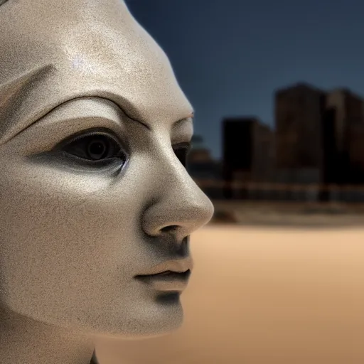 Image similar to the head of a marble cybernetic lady justice statue wearing a virtual reality headset on ground covered in sand, cyberpunk background, highly detailed, epic lighting, hyper photorealism, 8 k