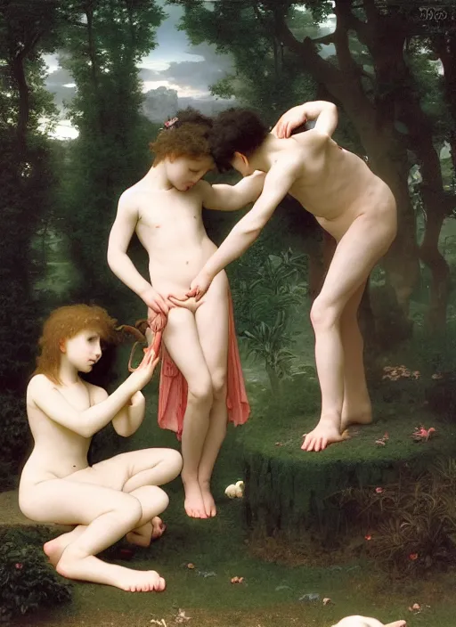 Image similar to boy and girl in pagan clothes performing an occult ritual on a goat in a vaporwave forest, by william-adolphe bouguereau and Takato Yamamoto, high resolution