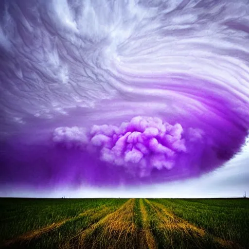 Image similar to amazing photo of purple clouds in the shape of a tornado, digital art, beautiful dramatic lighting